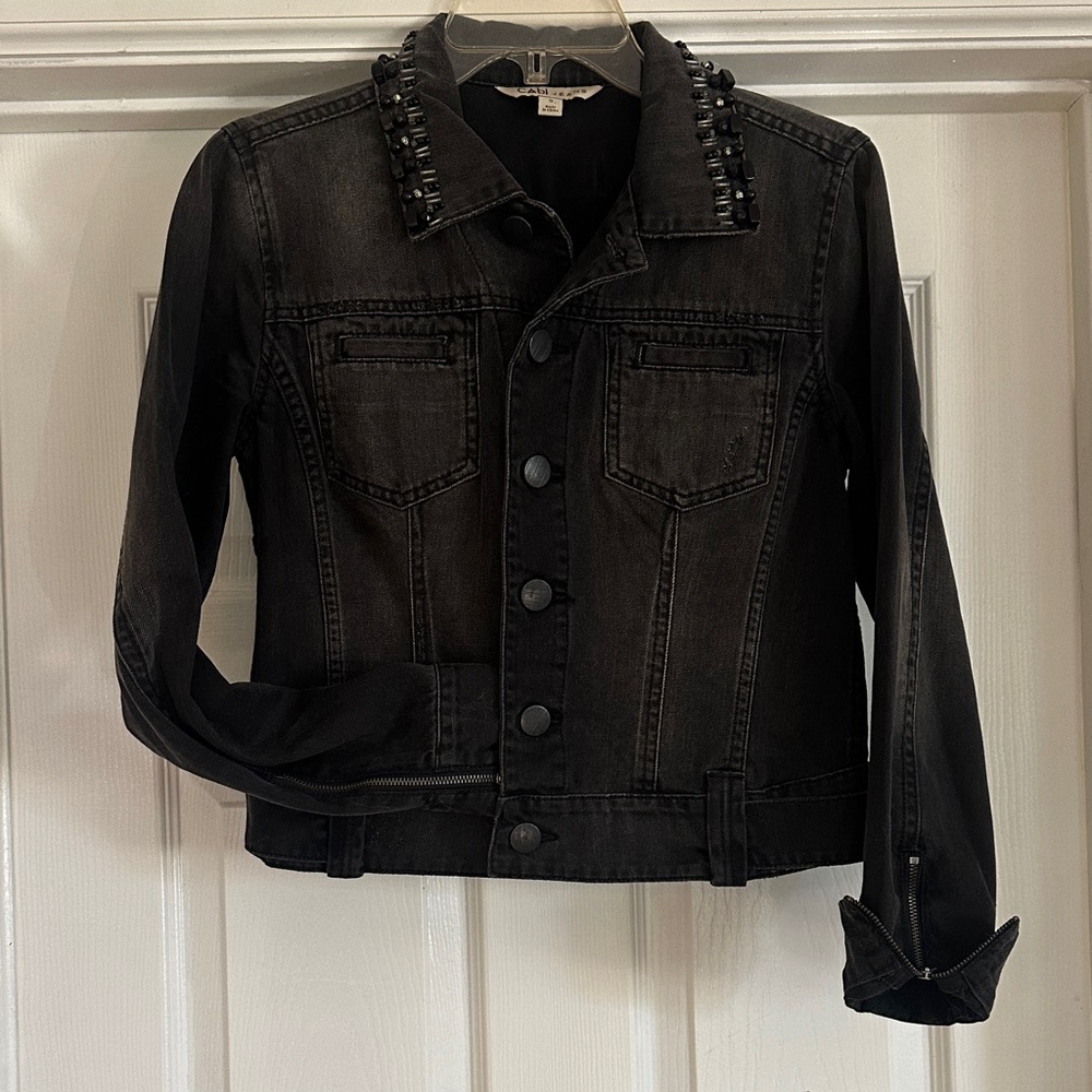 Cabi Cropped Black Denim Jacket with Beaded Collar, Small